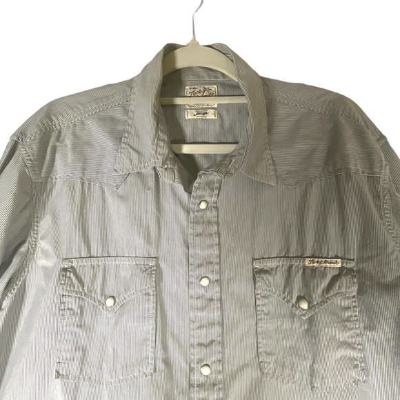Lucky Brand Mens Sz L Pearl Snap Western Shirt Button Up Gray Striped Flaps Logo - Picture 3 of 12
